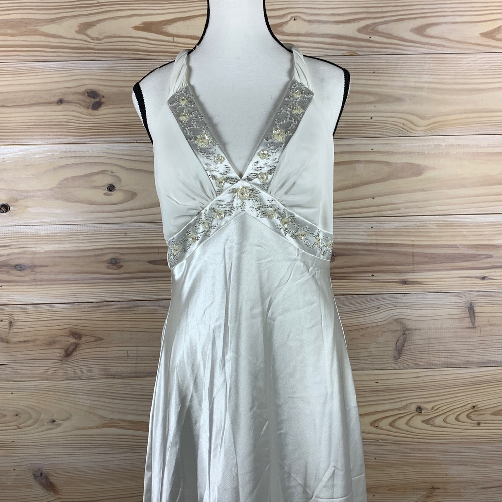 OC by OC Maxi Dress Womens 10 White Satin Halter Beaded Backless Formal